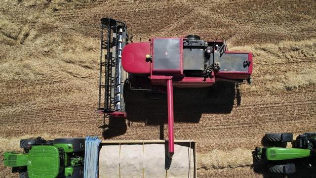Imagen tomada con dron de maquinaria trabajando en un campo de cereal.
