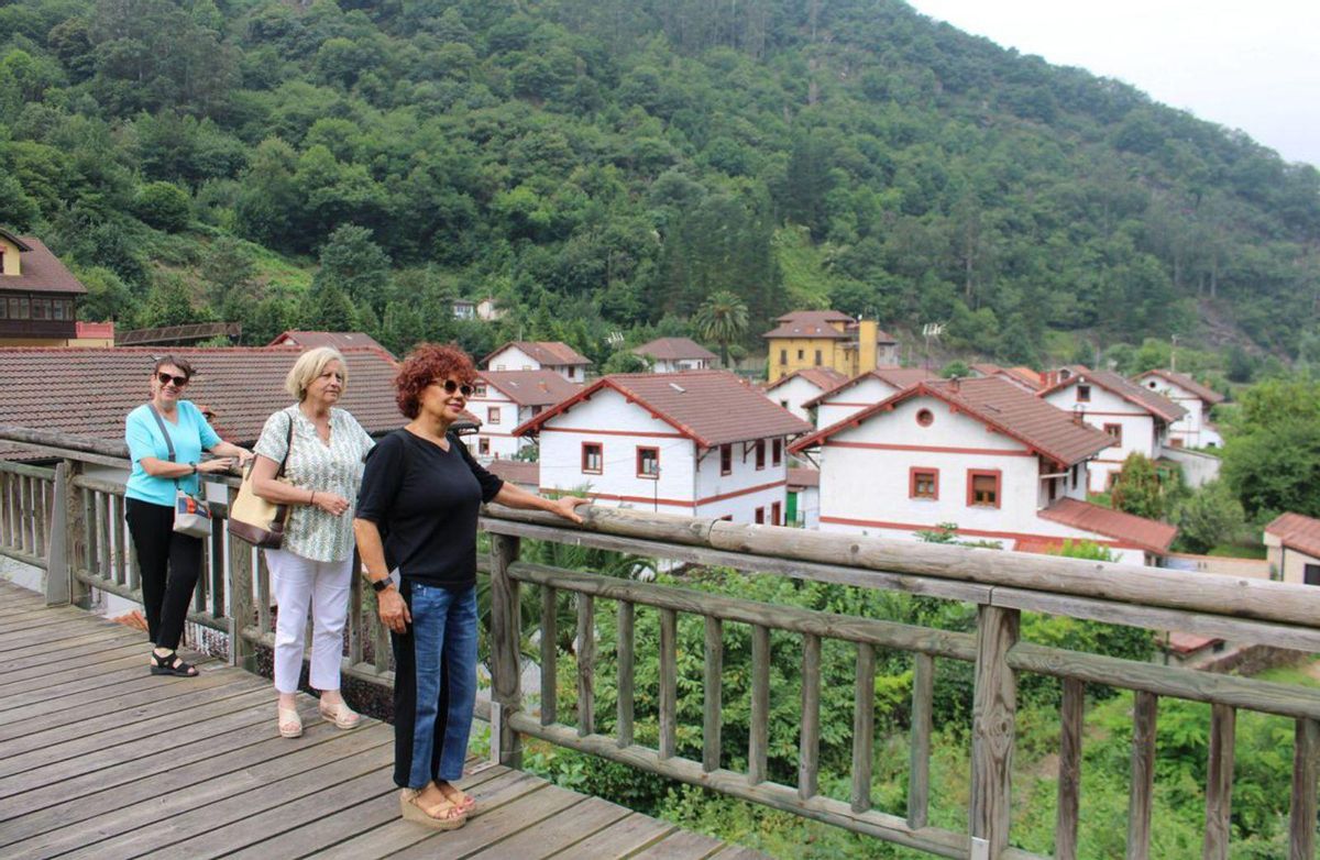 María José Carballo, Julieta de la Lama y Carmen Carballo mueven la barandilla del puente. | A. VELASCO