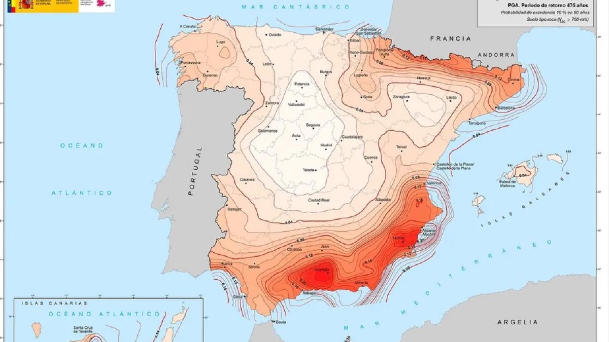 Mapa de España con las zonas (en tono oscuro) de mayor riesgo de terremotos