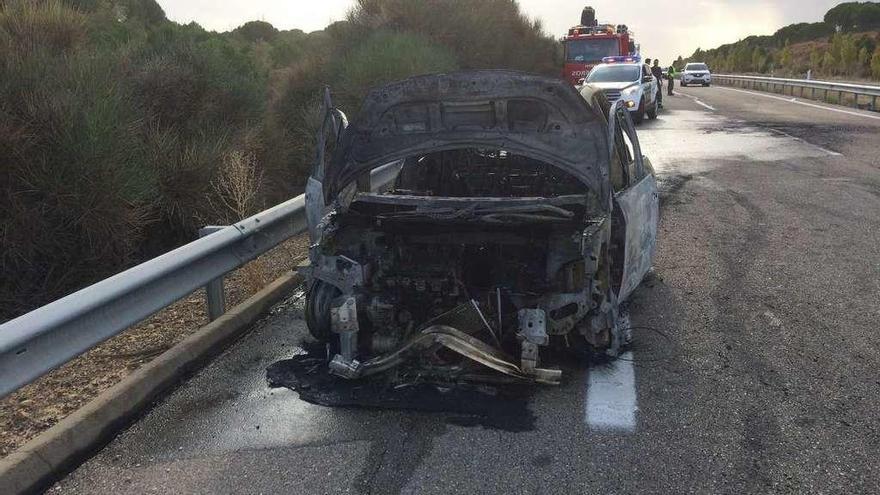 Aspecto del vehículo incendiado tras la colisión en la autovía A-52, a 15 kilómetros de Benavente.