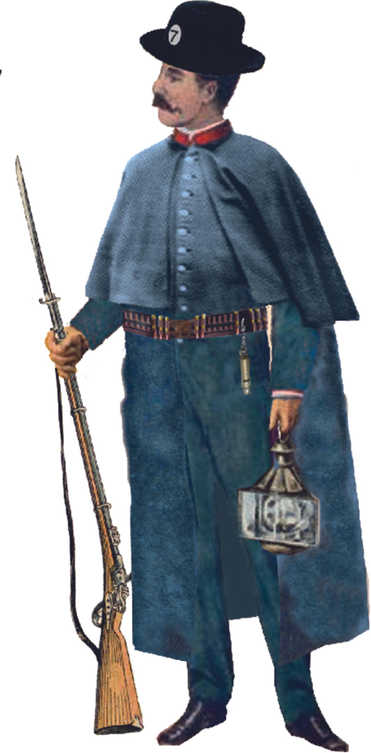 O uniforme e armamento dun sereno na cidade de Santiago.