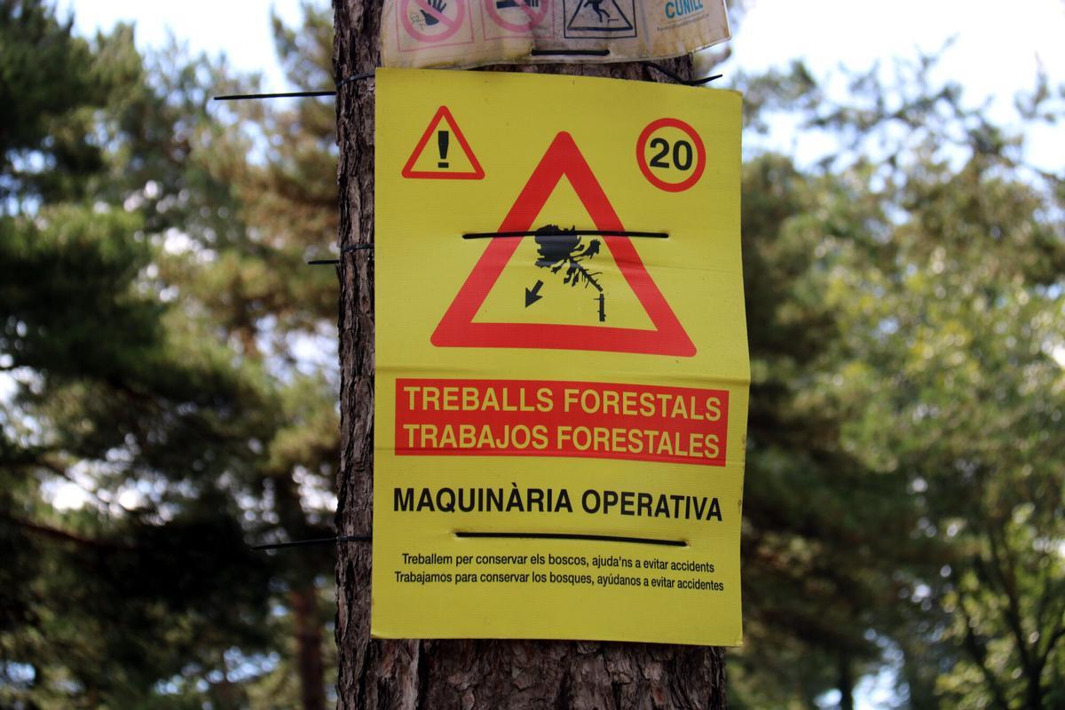 Un cartell anuncia treballs forestals en una finca del Berguedà