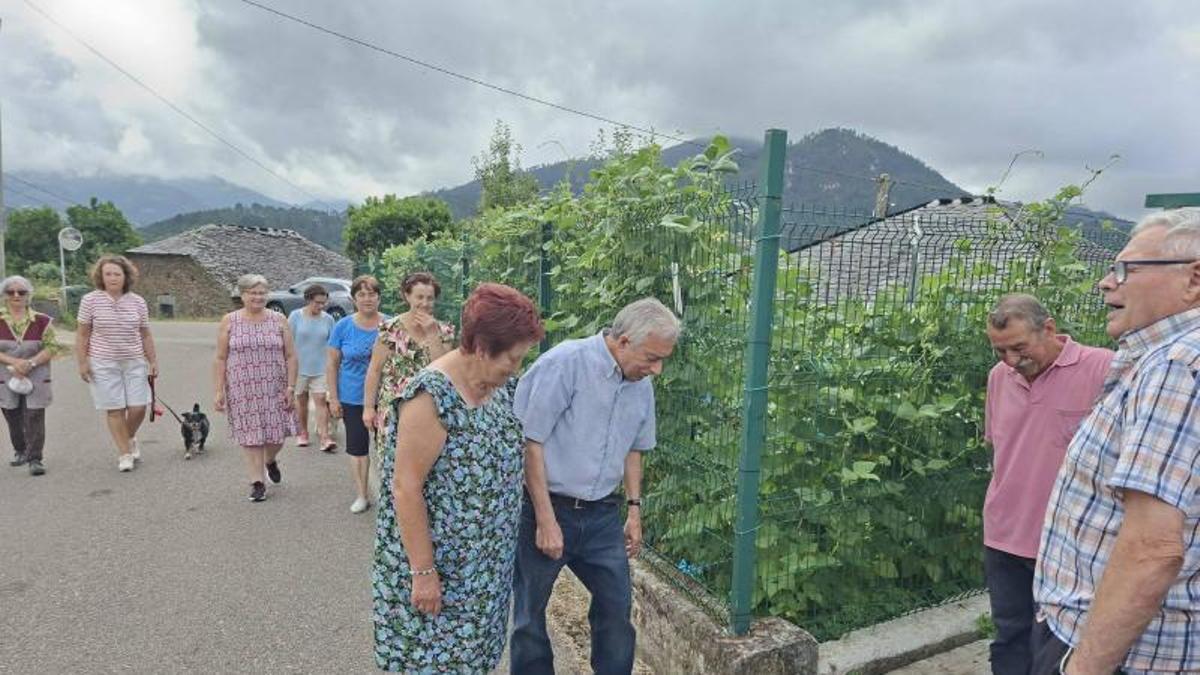 Un grupo de vecinos de Miñagón observando alguno de los rincones plagados de hormigas.
