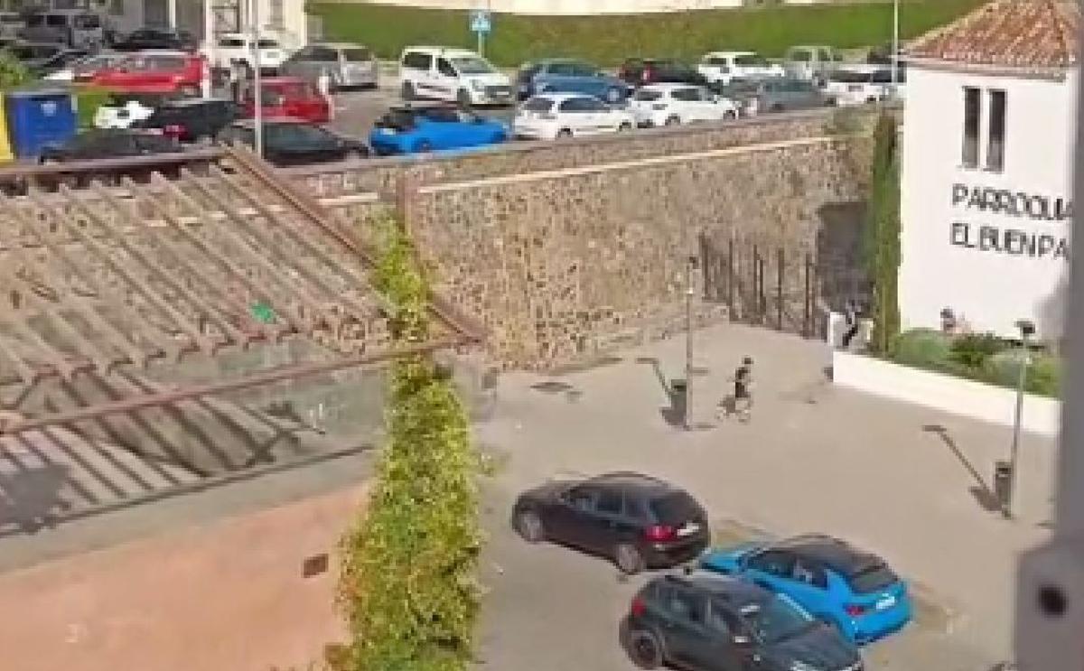 Captura del vídeo de un hurto en El Ejido, con el ladrón en plena carrera por delante de la parroquia de El Buen Pastor.