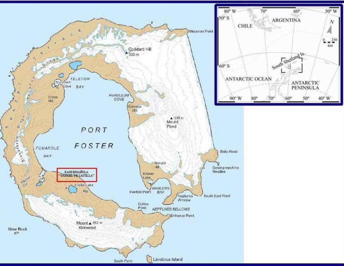 Mapa que sitúa la base española en isla Decepción respecto al continente americano. En el recuadro, un soldado prueba el traje de supervivencia con el que van a experimentar en O Grove desde el lunes.