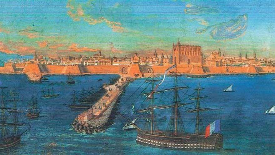 Un barco con bandera francesa entra en el puerto de Palma (el actual muelle viejo), en una pintura anónima del siglo XIX.