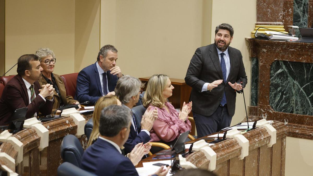 El presidente regional, Fernando López Miras, este jueves durante su intervención en la Asamblea Regional.