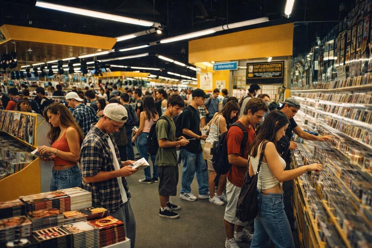 Gente comprando discos en la tienda WOM.