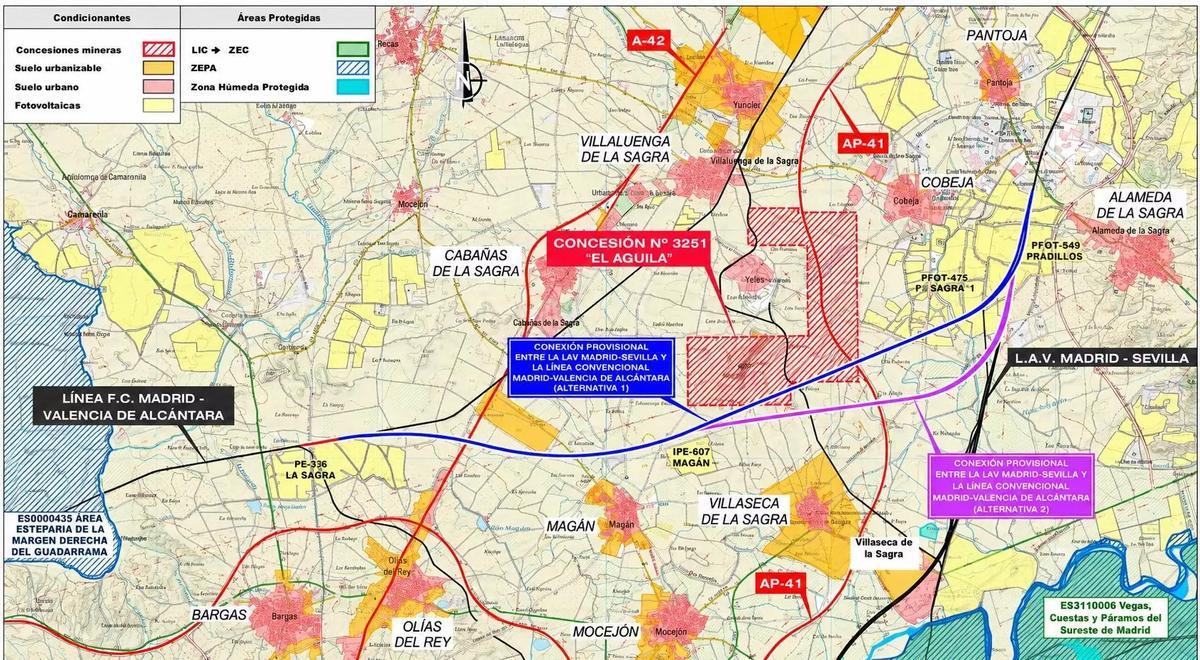 Las dos alternativas en rosa y azul, que sortearían la capital de Toledo por el norte para unirse en el entorno de Bargas a la línea convencional de tren a Extremadura. Cabe recordar que la Alta velocidad aún está pendiente de ejecutarse en toda la provincia de Toledo.