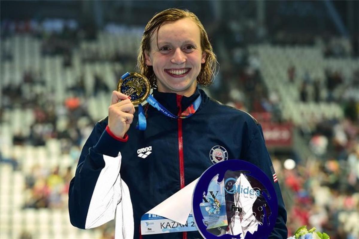 Katie Ledecky després d’aconseguir el seu cinquè or en els mundials de Kazan.