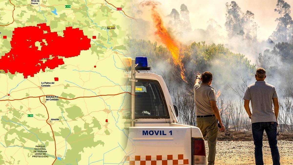 El incendio de Niebla cumple una semana con 31.000 hectáreas afectadas, un perímetro de 120 kilómetros y nuevos desalojos en Huelva y Sevilla