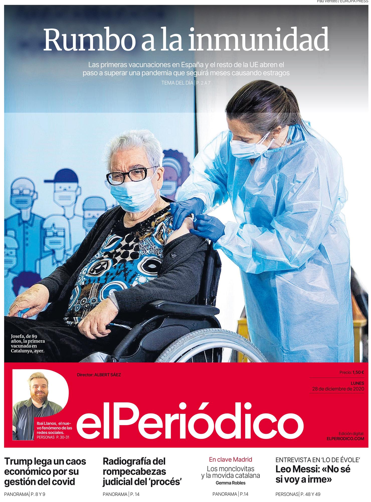 La portada de EL PERIÓDICO del 28 de diciembre de 2020