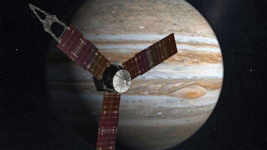 Recreación de la llegada de la sonda &quot;Juno&quot; a la órbita del planeta Júpiter.