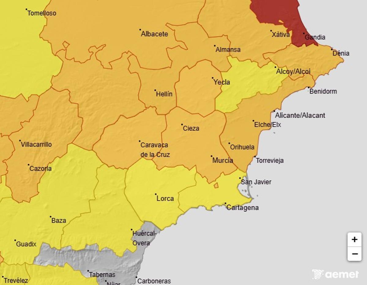 Mapa de alerta meteorológica en la Región