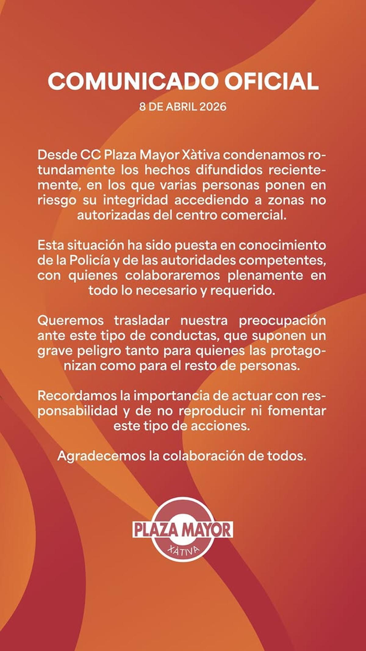 Comunicado difundido por los responsables del Centro Comercial Plaza Mayor de Xàtiva.