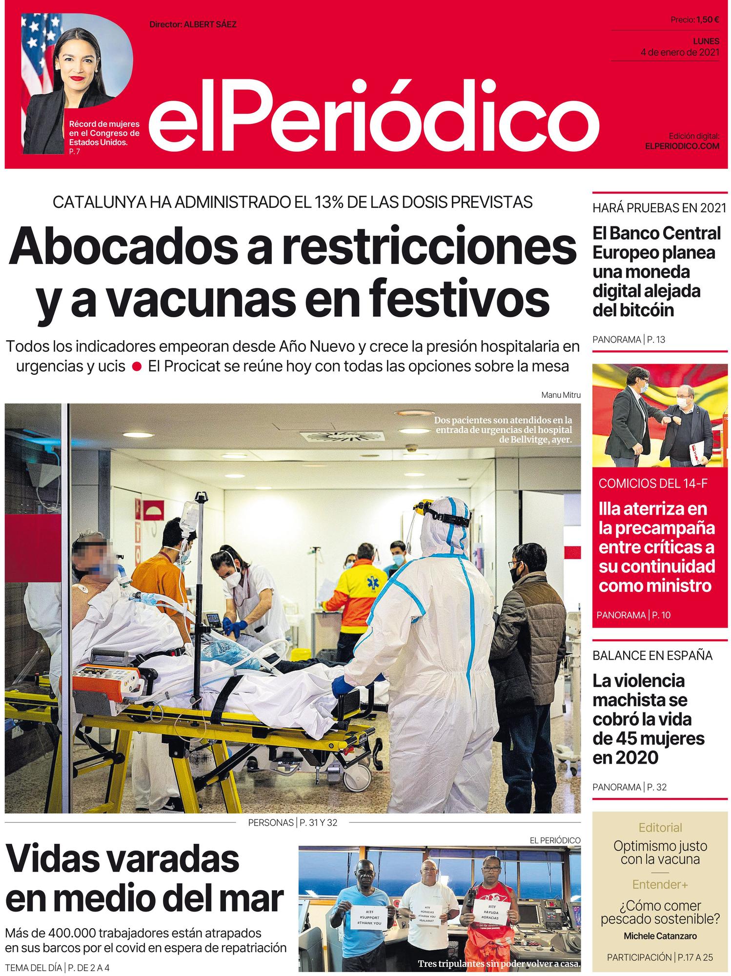 La portada de EL PERIÓDICO del 4 de enero del 2021