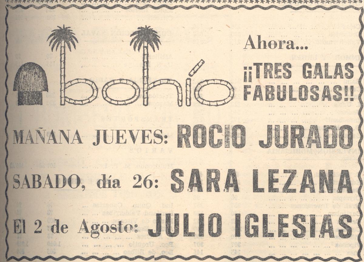 Imagen de los años 70 de uno de los anuncios de Bohío con artistas de primer nivel.