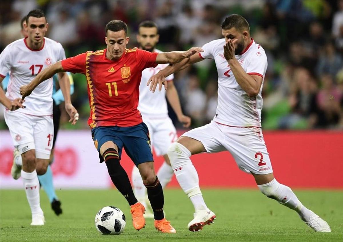 Lucas Vázquez, durante el amistoso contra Túnez en Krasnodar
