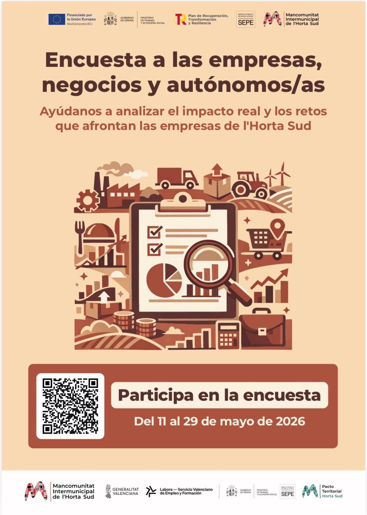 Cartel de la encuesta impulsada por la Mancomunitat para analizar el impacto de la dana en los negocios de l’Horta Sud.
