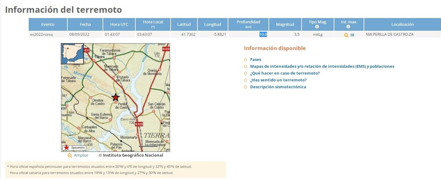 Datos del terremoto en Zamora.