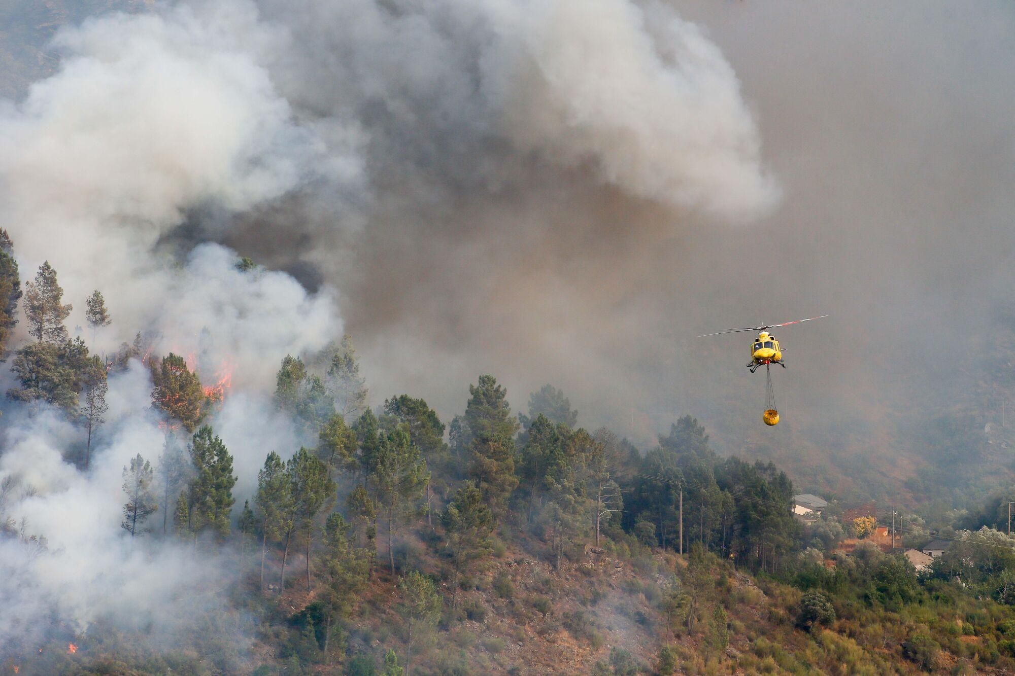 Helicóptero bombardero trabaja para extinguir el fuego, a 17 de agosto de 2025, en Quiroga, Lugo, Galicia (España). El incendio registrado en Larouco (Ourense) “se comportó de un modo explosivo” y pasó el Sil hasta por 15 puntos, para acabar entrando en la provincia de Lugo, al cruzar a Quiroga. La calidad del aire en Ourense y Lugo continúa viéndose afectada por los efectos de los incendios forestales en la provincia, donde aún hay 13 fuegos sin extinguir, 12 activos y 1 estabilizado, que ya han calcinado alrededor de 50.570 hectáreas. 17 AGOSTO 2025;INCENDIO;INCENDIO FORESTAL;LUGO;GALICIA Carlos Castro / Europa Press 17/08/2025. Carlos Castro;