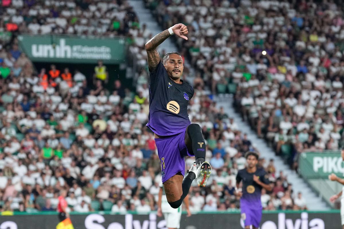 Raphinha Dias Belloli of FC Barcelona celebrates after scoring his team's first goal during the Spanish League, LaLiga EA Sports, football match played between Elche CF and FC Barcelona at Estadio Manuel Martinez Valero on August 23, 2026, in Elche, Spain. AFP7 23/08/2026 ONLY FOR USE IN SPAIN. Dennis Agyeman / AFP7 / Europa Press;2026;SOCCER;SPAIN;SPORT;ZSOCCER;ZSPORT;Elche CF v FC Barcelona - LaLiga EA Sports;