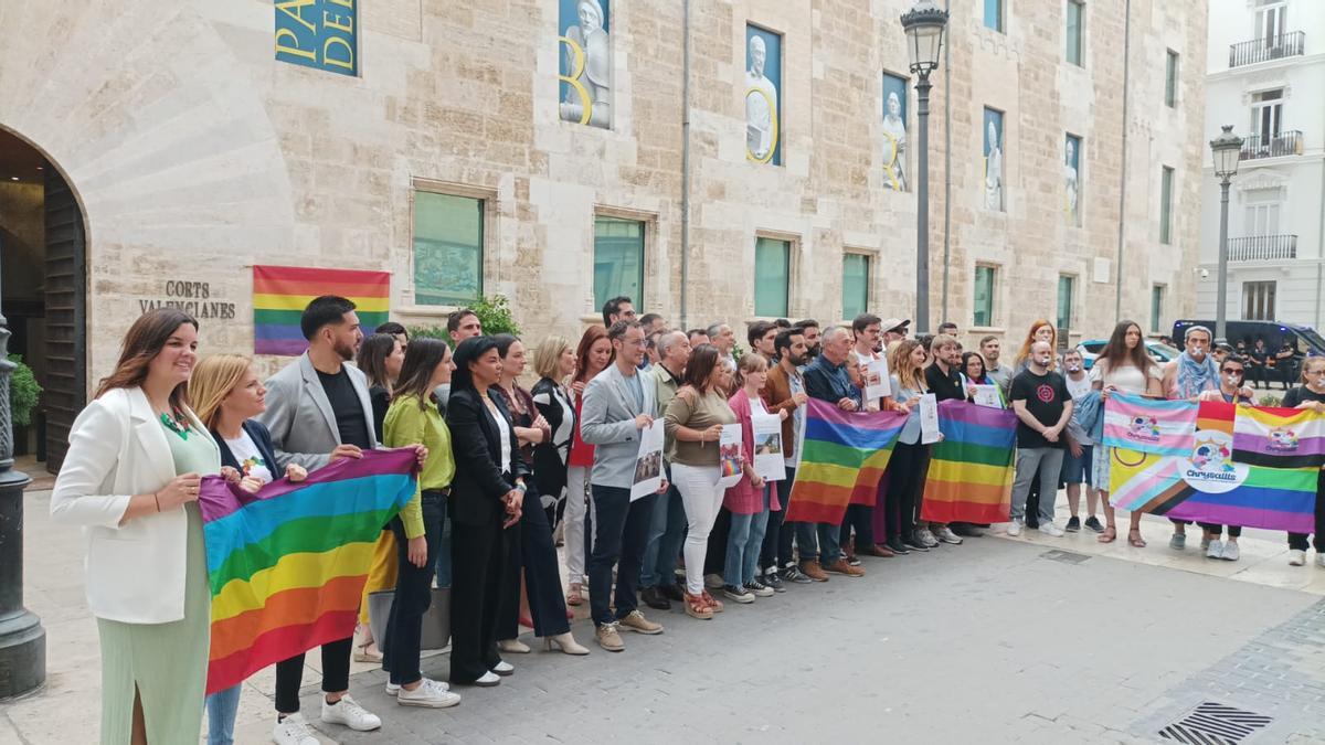 Protesta frente a las Corts de los colectivos LGTBI y los partidos de izqueirdas, este viernes.