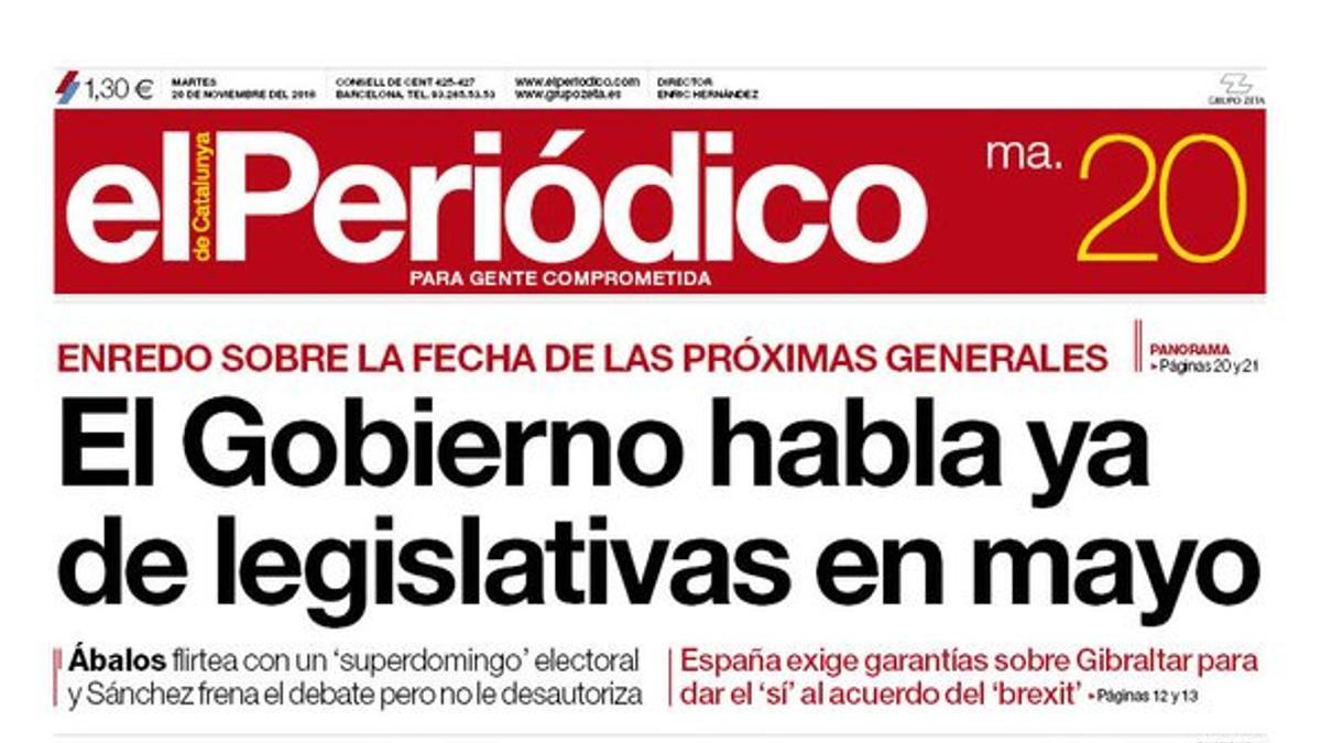 La portada de EL PERIÓDICO del 20 de noviembre del 2018