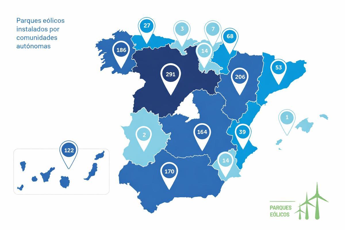 Mapa de los parques eólicos instalados en España.
