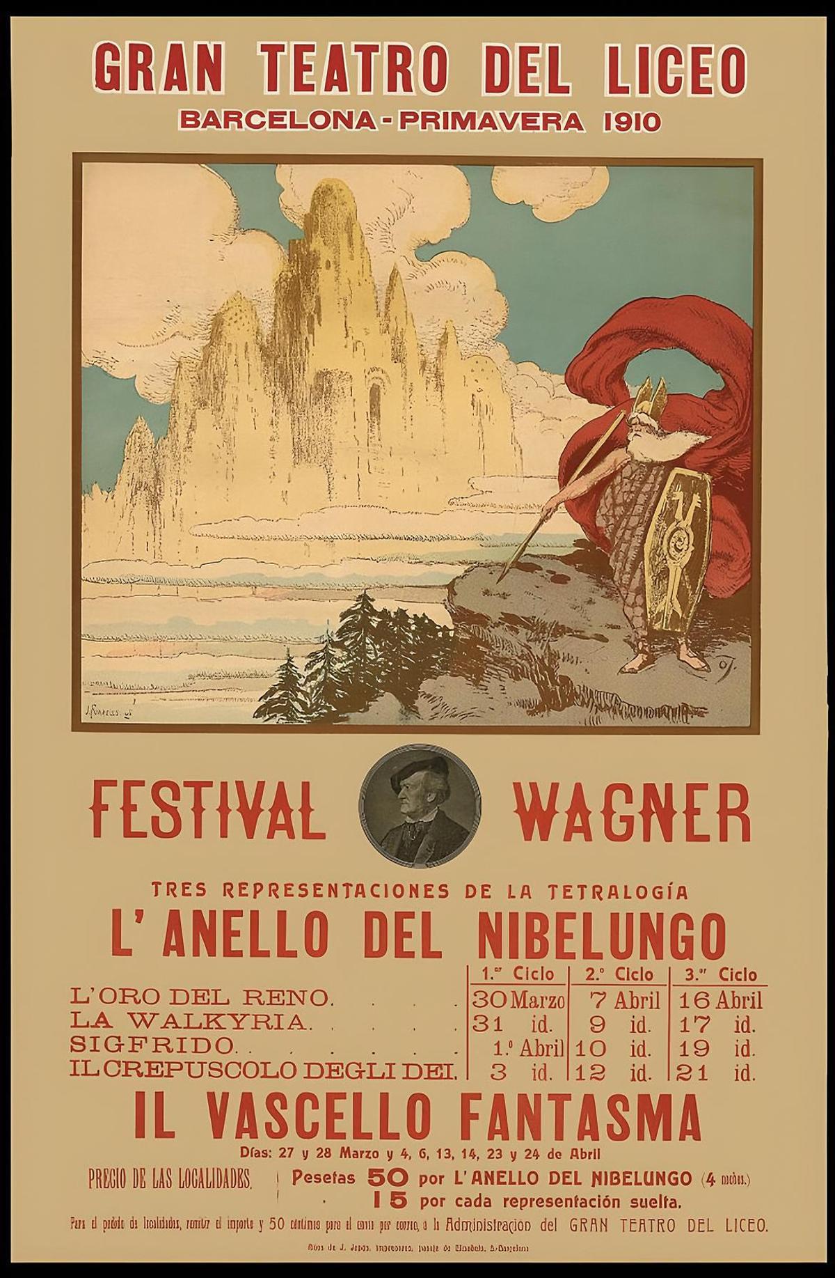 Un cartel promocional del Liceu, que aquel mismo 1910 serviría para retratar a Gaudí como un megalómano en una revista satírica-