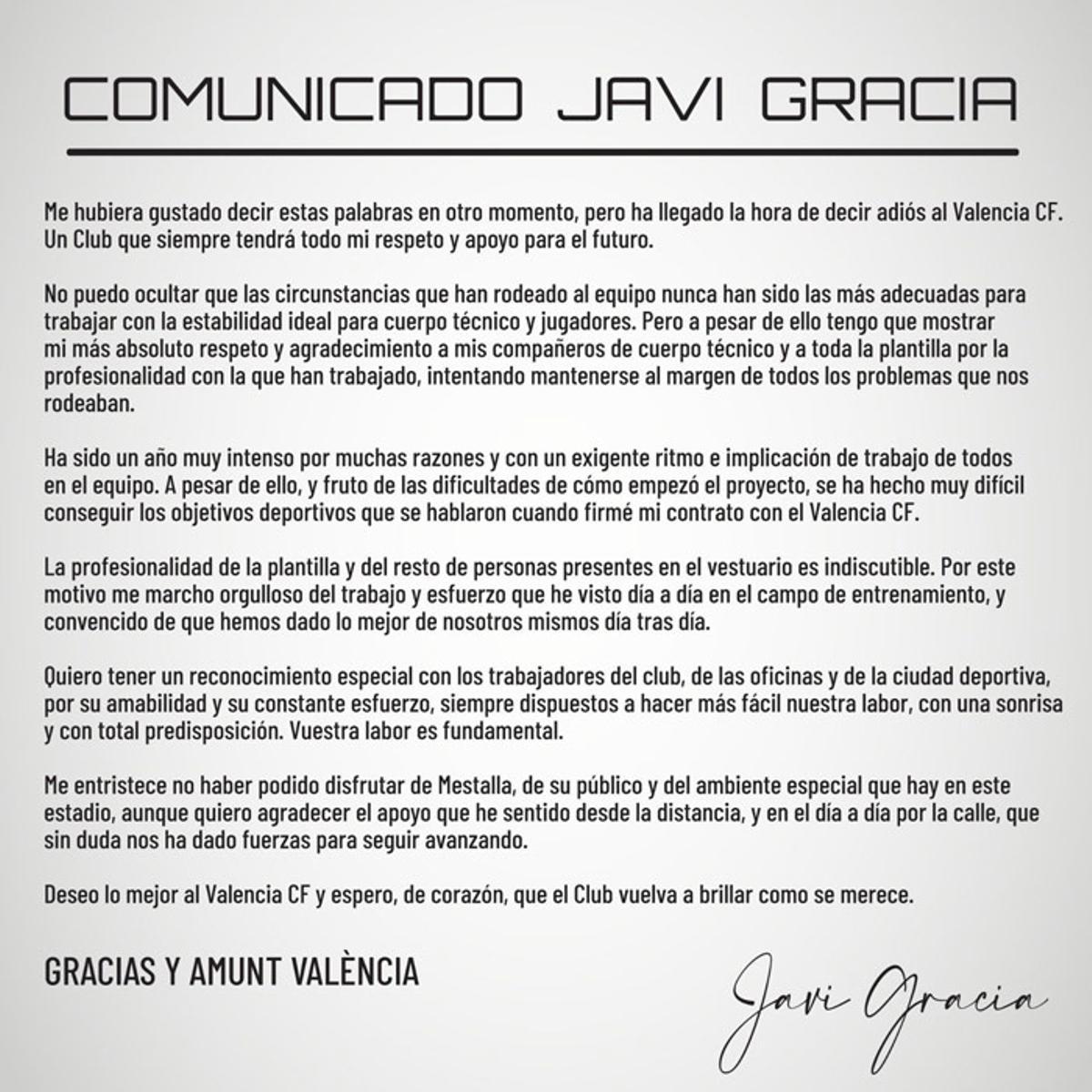 Comunicado de Javi Gracia