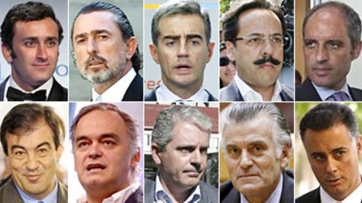 De izquierda a derecha y de arriba abajo, Agag (el yerno de Aznar), Correa (el jefe de la trama), Costa (número 2 del PP valenciano), Pérez, 'el Bigotes' (el gran conseguidor), Camps (presidente de la Generalitat valenciana), Álvarez-Cascos (exminist