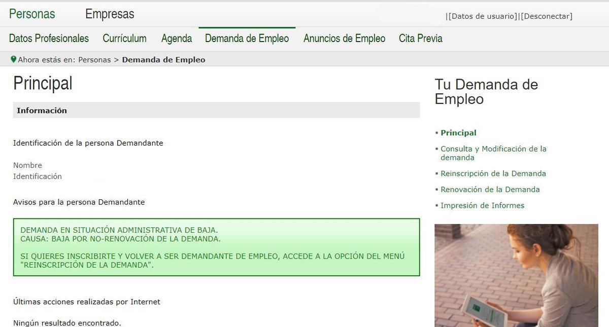 Imagen del Área Personal del Demandante de Empleo del SAE.