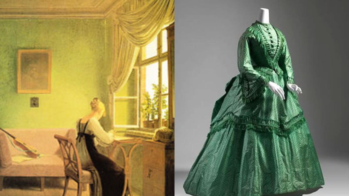 Verde Scheele en una pintura donde se aprecia el papel pintado y un vestido