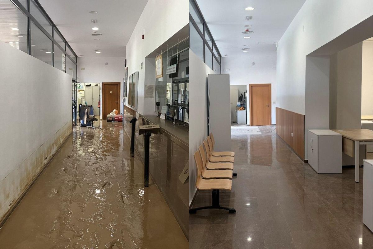 Pasillos y ventanilla del Registro Civil antes y después de la reforma por la dana.