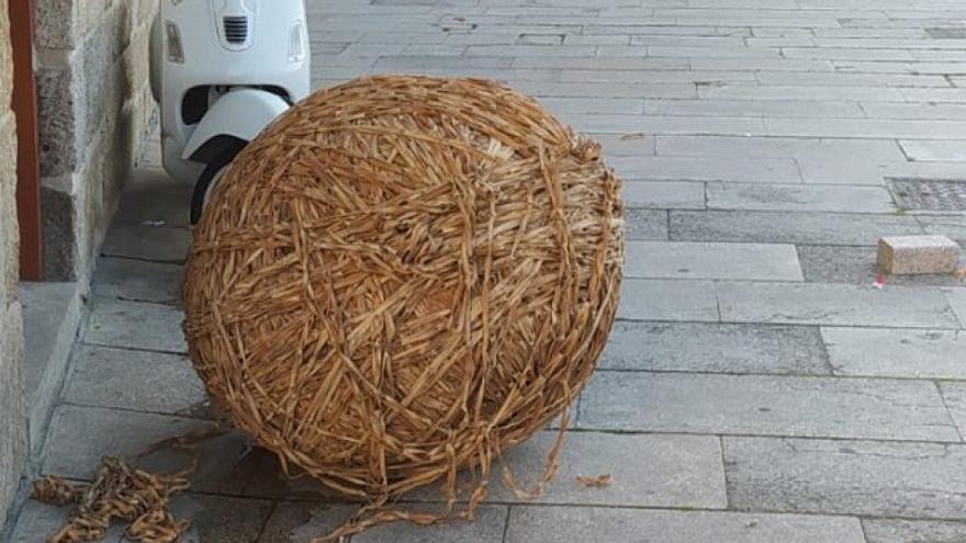 La escultura titulada “Mundo de gomas” apareció rota y desplazada de su ubicación en la plaza de la Casa da Torre. / Radio Municipal