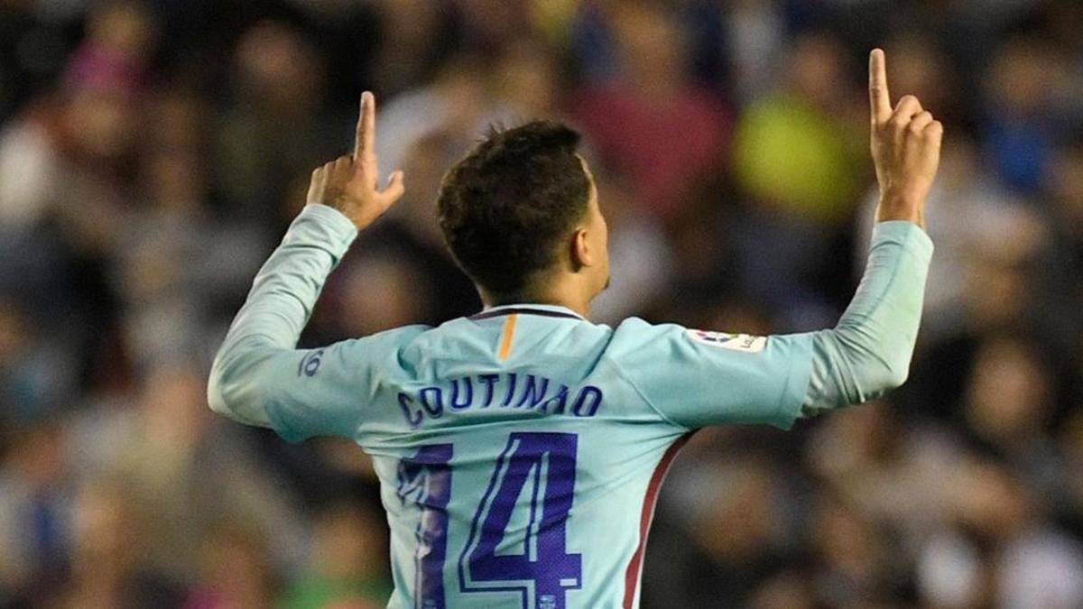 Coutinho celebra uno de los goles que ha marcado con el Barcelona