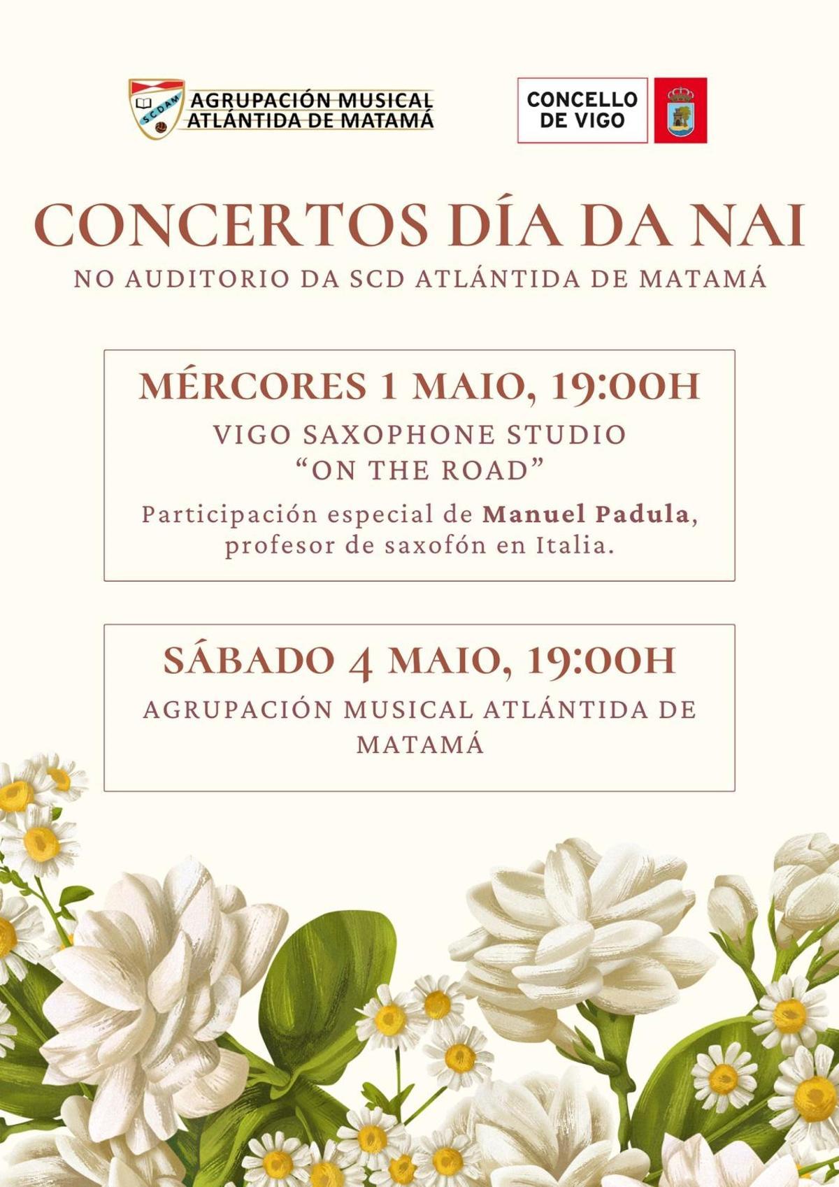 Cartel con el programa de actuaciones por el Día da Nai en Matamá.