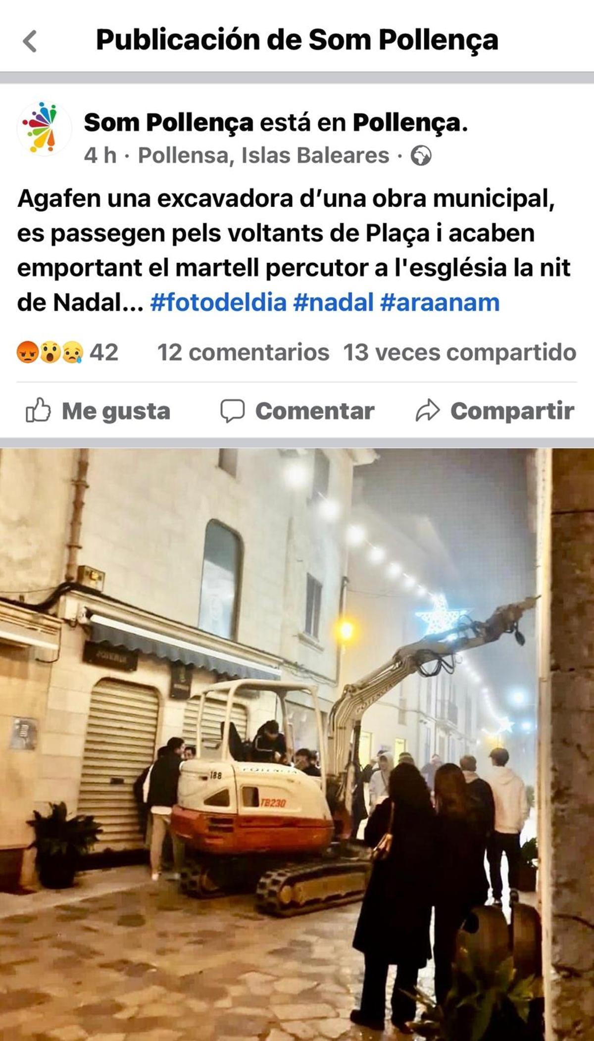 Un menor fuerza una excavadora de una obra municipal y empieza a dar vueltas en pleno centro de Pollença