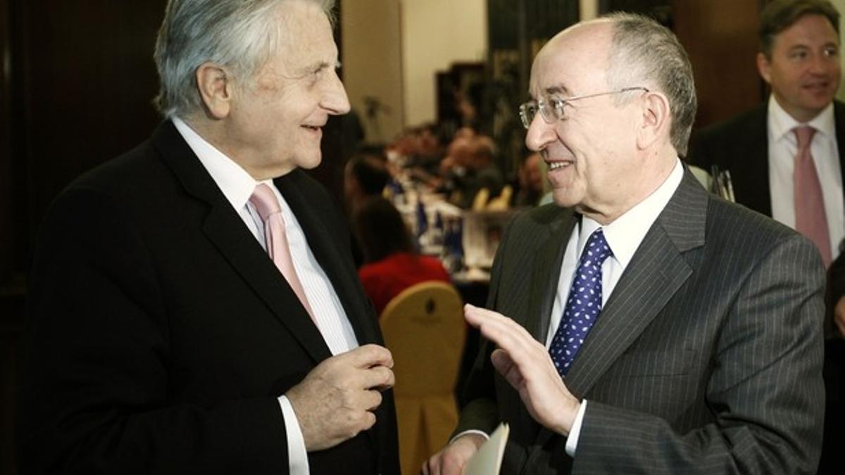 Trichet y Fernández Ordóñez, en un encuentro en Madrid, hoy.