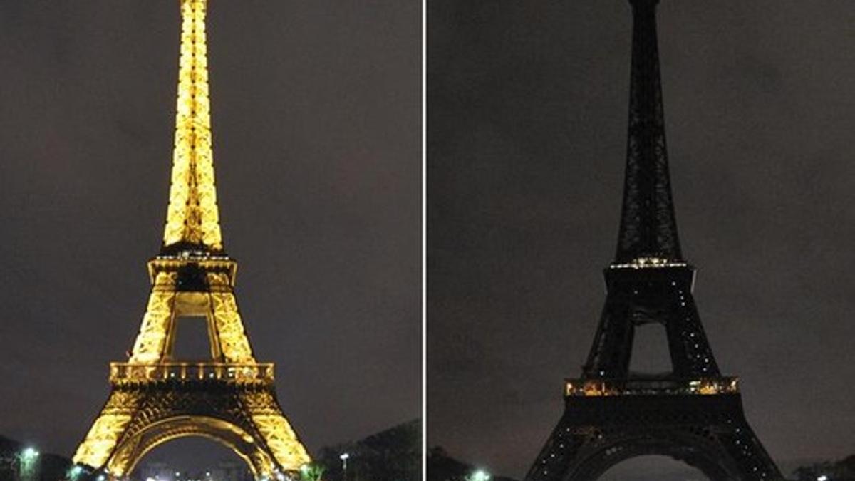 La Torre Eiffel de París, justo antes y durante la Hora del Planeta del 2010