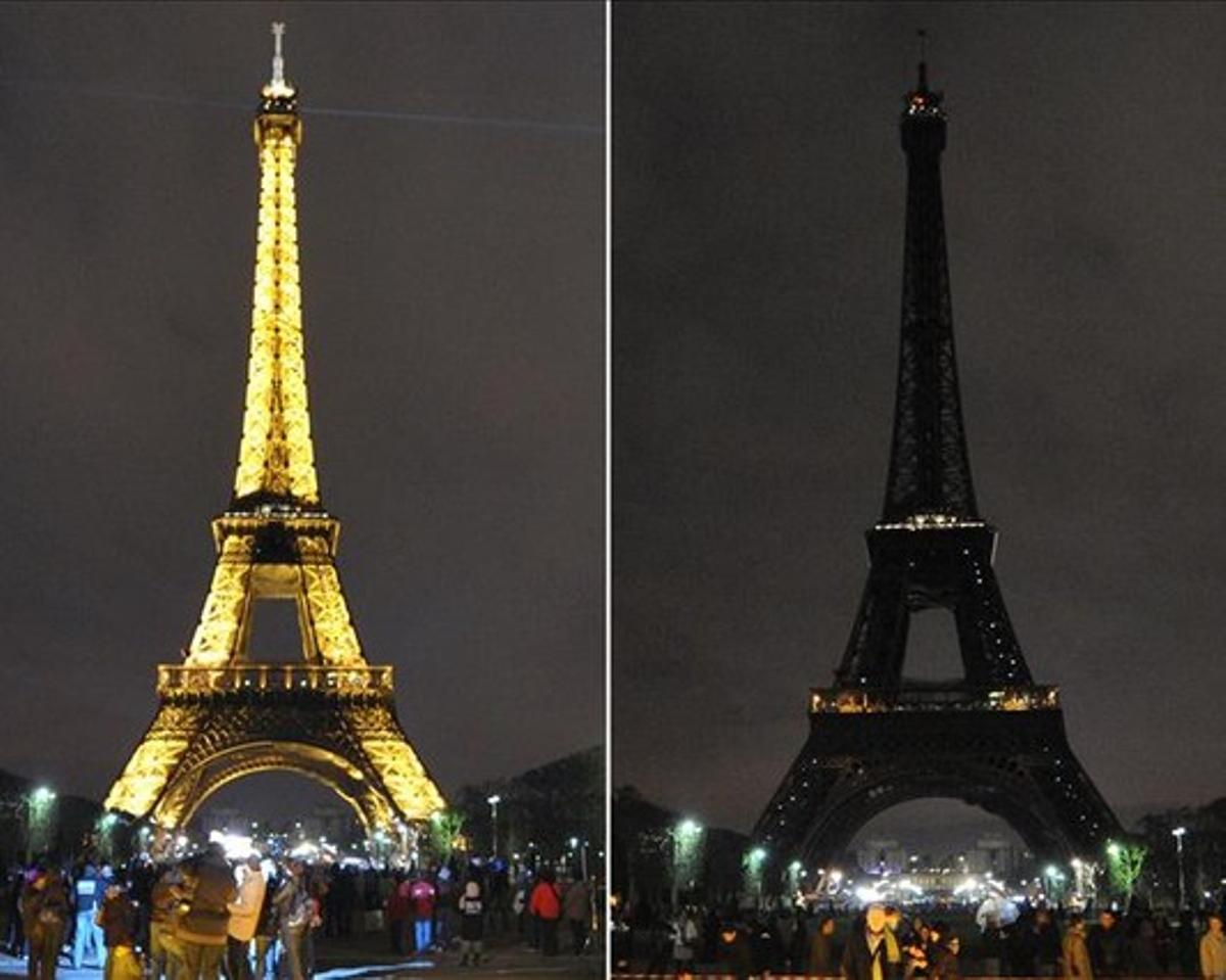 La Torre Eiffel de París, just abans i durant l’Hora del Planeta del 2010.