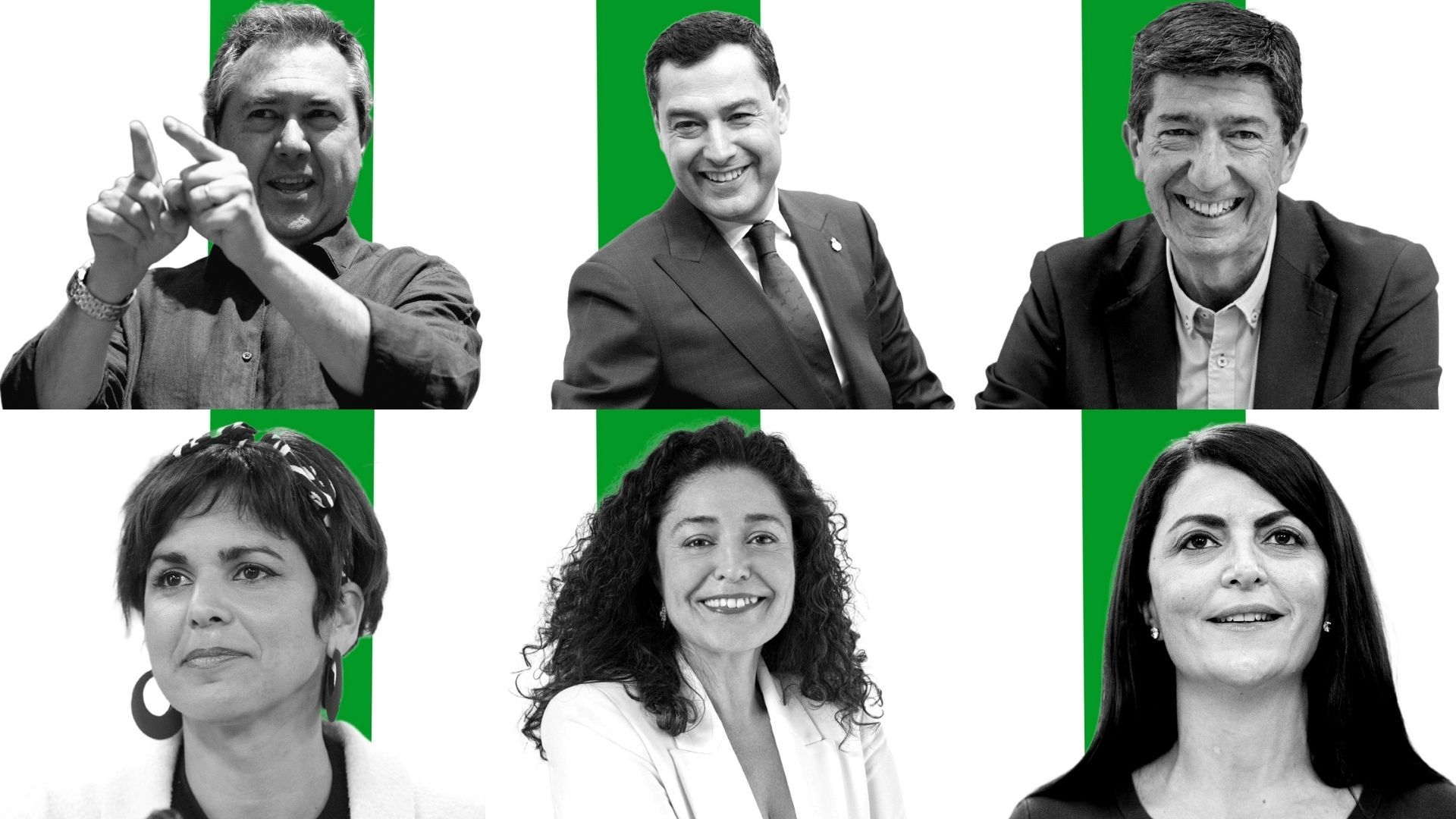 De izquierda a derecha: Juan Espadas (PSOE), Juan Manuel Moreno (PP), Juan Marín (Ciudadanos), Teresa Rodríguez (Adelante Andalucía), Inmaculada Nieto (Por Andalucía) y Macarena Olona (Vox).