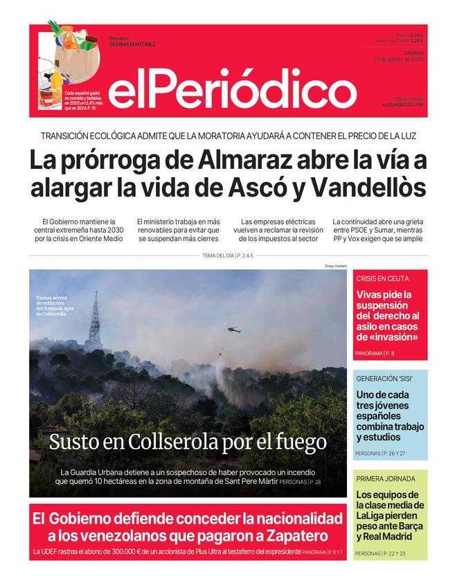 La portada de EL PERIÓDICO del 15 de agosto de 2026