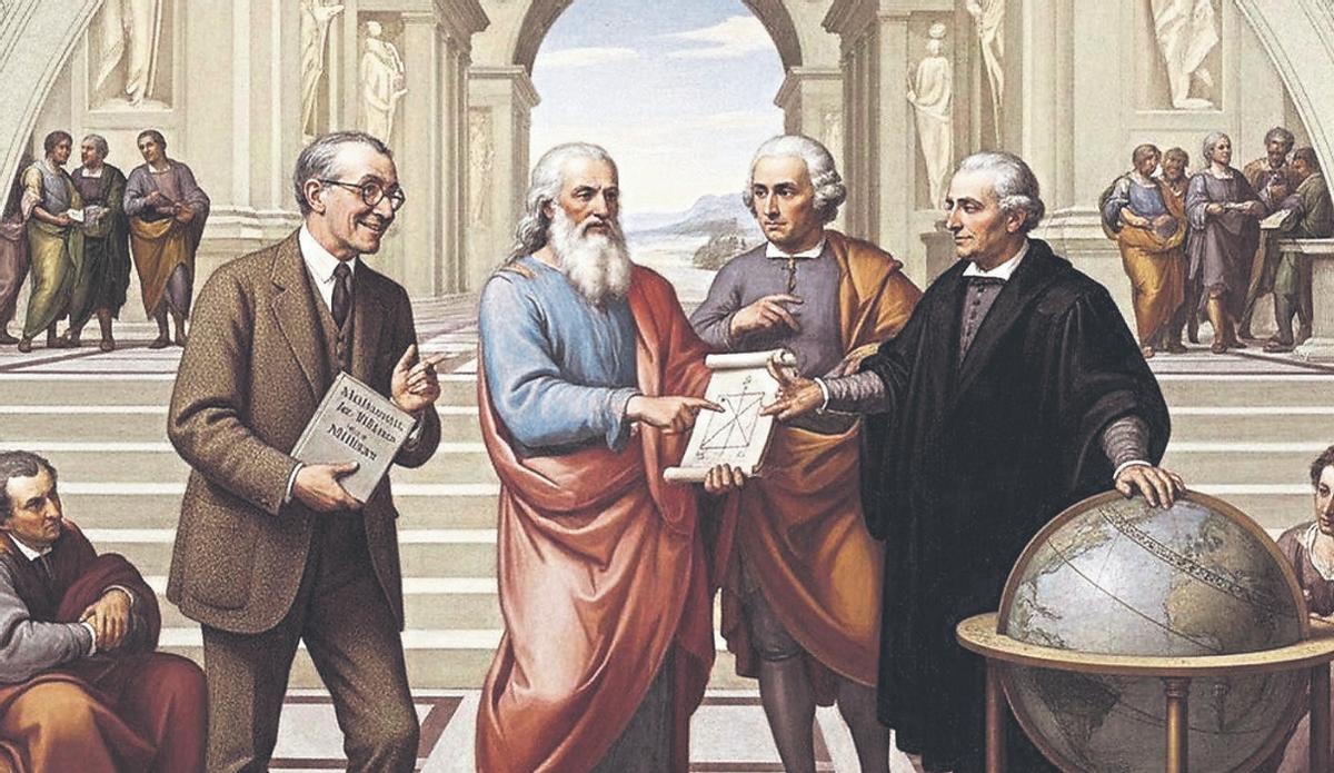 De izquierda a derecha, Hogben, Pitágoras, Leibniz y Laplace.