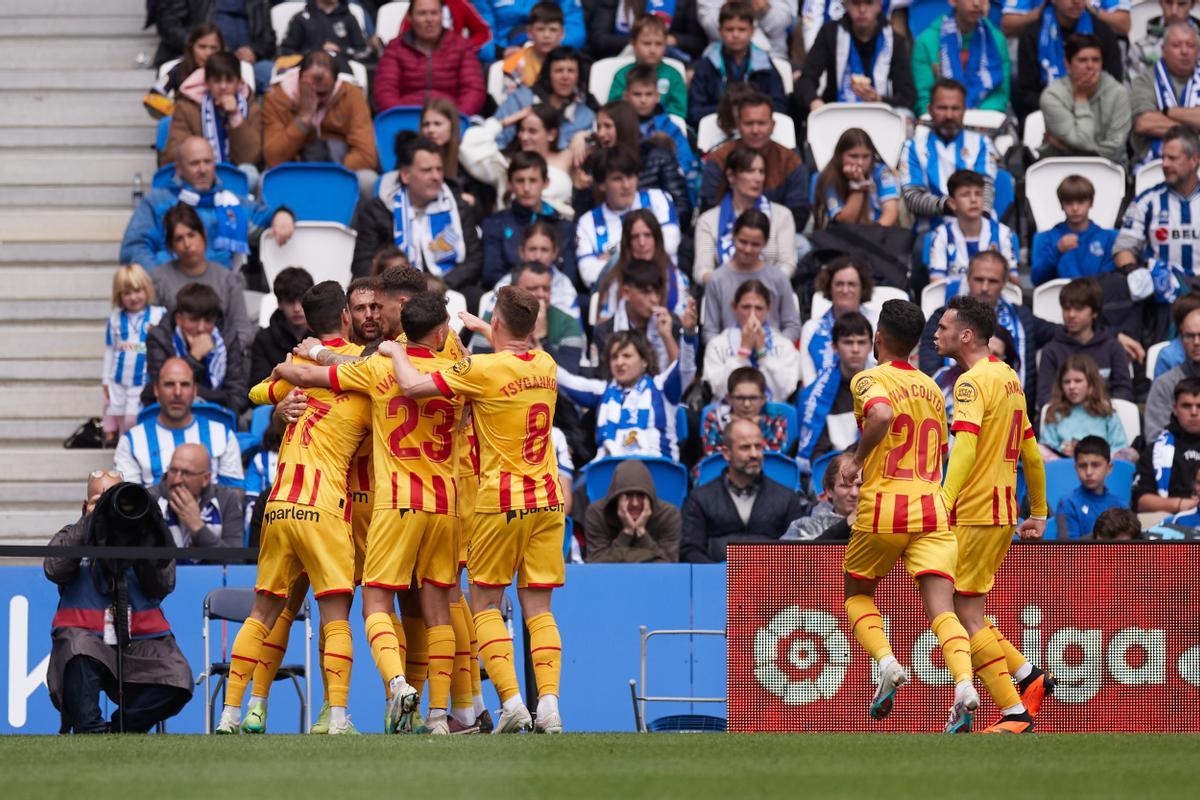 Els jugadors del girona celebren el 2-2 d'Stuani dissabte passat