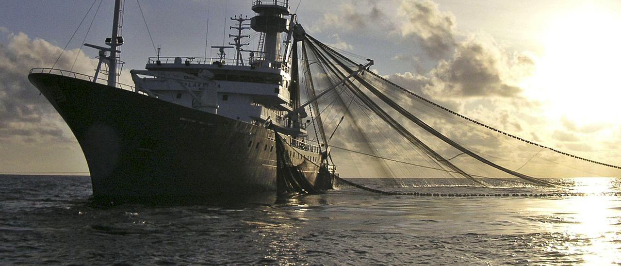 Un atunero vasco, en pleno lance en el oceáno Índico.