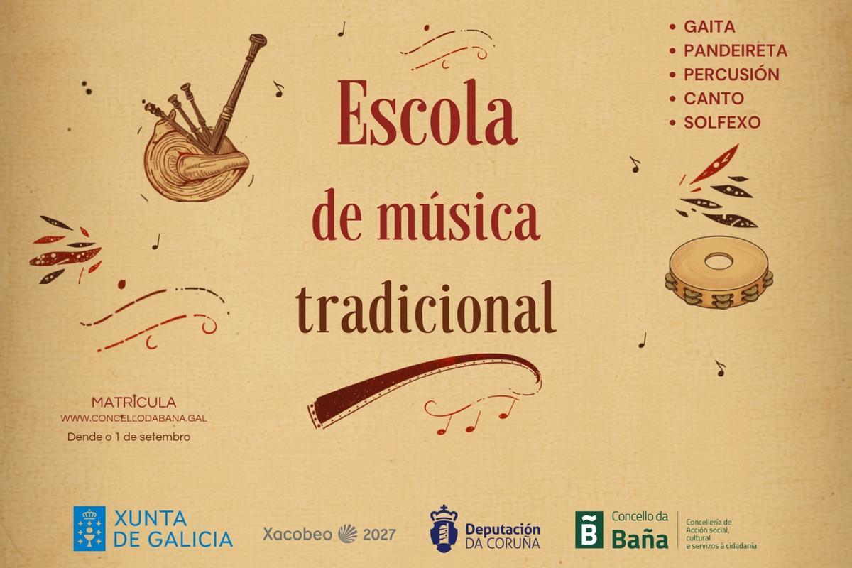 Cartel de la Escola de Música Tradicional de A Baña.