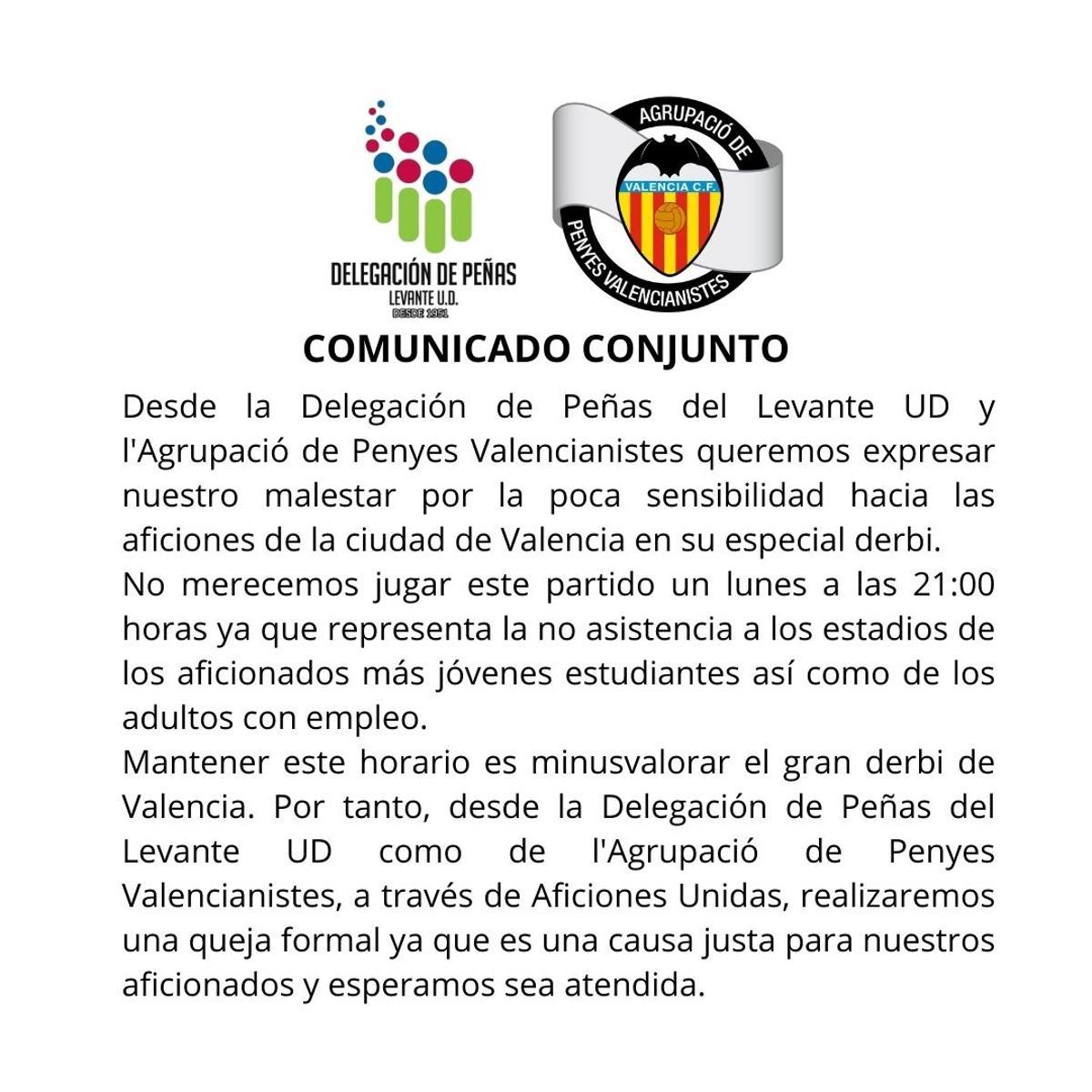 Comunicado conjunto de las aficiones del Valencia CF y del Levante UD