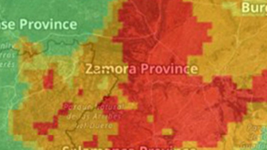 Imagen actual del satélite Copernicus, en el que se observa las áreas de Zamora que sufren un fuerte episodio de sequía lo que las pone en peligro de propagación de incendios forestales.